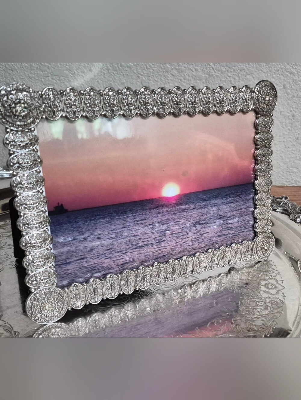 Ornate, silver-tone metal picture frame W/ textured, jeweled filigree border